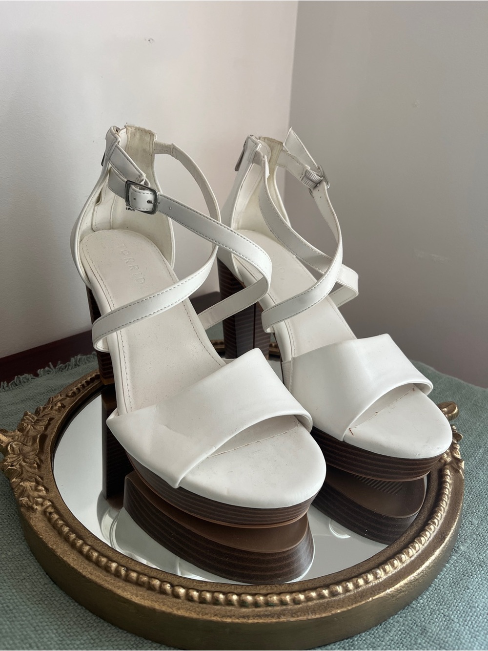 torrid White Strappy Platform Block Heel Sandals with Wood-Effect Heel